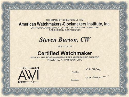 Certified Watch Maker certificate
